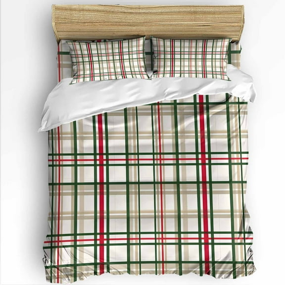 Christmas Theme Full Size Comforter Set, Classical Plaid Green Red Brown Stripe Soft Bedding for All Seasons, 4 Pcs Bed Set with 1Comforter (86"x86") ,1 Sheet(80"x116"), 2 Pillowcases (19"x29")