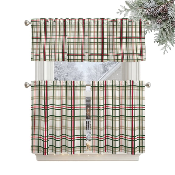 Christmas Theme Kitchen Curtains Set for Windows, Classical Plaid Green Red Brown Stripe Curtains Valance and Tier 3 Piece Set Small Drapes 36 Inch Length for Kitchen Bedroom Decor