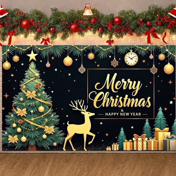 Christmas Theme Merry Christmas New Year Banner with Christmas Tree Golden Ornaments Polyester Background for Holiday Party Indoor Decoration Seasonal Celebration
