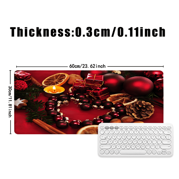 Christmas Theme Mouse Pad 31.5 x 11.82 Inches Rubber Desk Mat with Holiday Ornaments and Candle Design for Office and Home Use