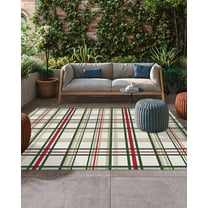 Christmas Theme Outdoor Rug, Classical Plaid Green Red Brown Stripe Large Outdoor Patio Area Rugs Non Slip Outside Floor Mat Carpet for Backyard/Deck/Porch/Balcony, 4x6 ft