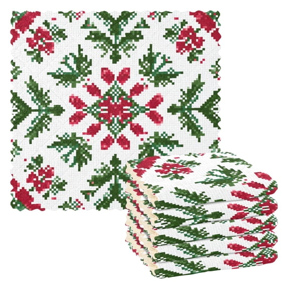 Christmas Theme Pattern Pixel Dish Cloths Dish Towels Cleaning Cloths Quick Drying Reusable 11" x 11" Set of 6