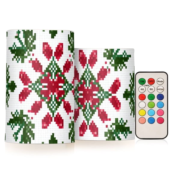 Christmas Theme Pattern Pixel Flickering Flameless Candles LED Tealight Battery Operated with Remote Set of 2 Holiday Decor Ornaments