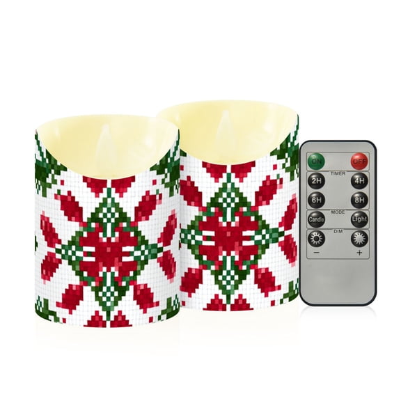 Christmas Theme Pattern Pixel Flickering Flameless Candles with Remote Timer Battery Operated LED Tealight Set of 2 S