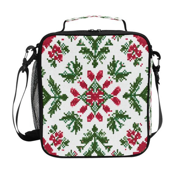 Christmas Theme Pattern Pixel Insulated Lunch Bag Reusable Lunch Box Lunch Container with Straps