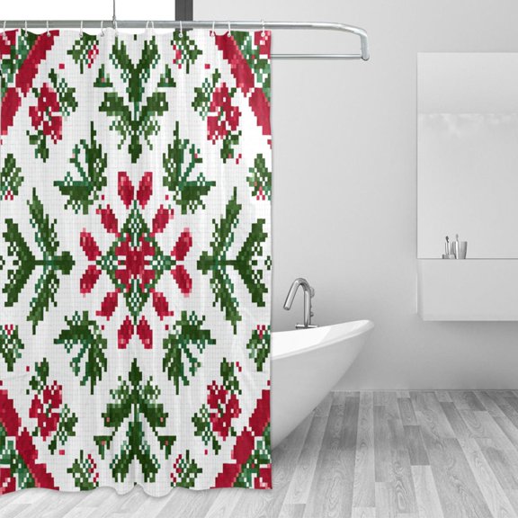 Christmas Theme Pattern Pixel Shower Curtains with 12 Hooks Waterproof Bathroom Decor 66" x 72"
