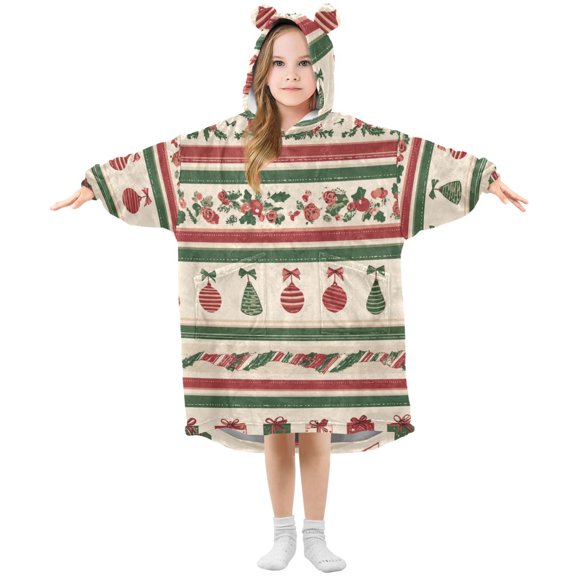 Christmas Theme Pattern Red Green Stripes Flannel Wearable Blankets Hooded Design Long Sleeves Wrap Unisex for 3T-14Y L