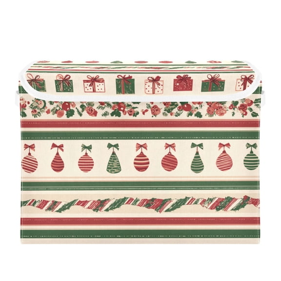 Christmas Theme Pattern Red Green Stripes Foldable Storage Bins with Lids Handles Collapsible Storage Containers Tote Boxes 16.5 x 12.6 x 11.8 inches