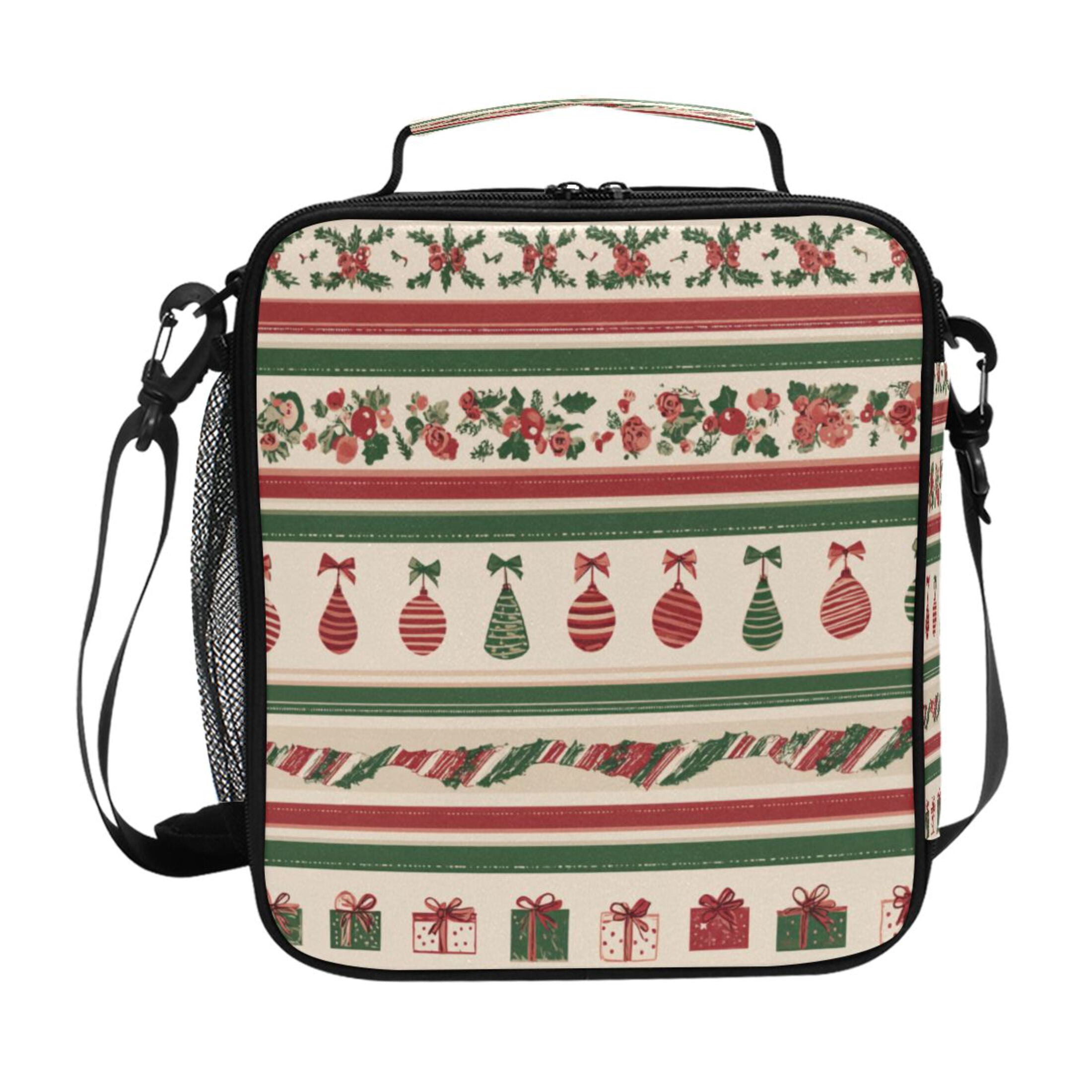 Christmas Theme Pattern Red Green Stripes Insulated Lunch Bag Reusable ...