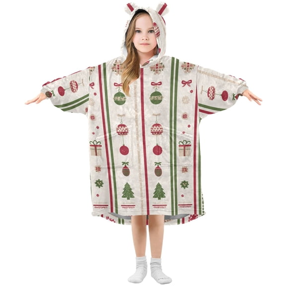 Christmas Theme Pattern Vertical Stripes Flannel Wearable Blankets Hooded Design Long Sleeves Wrap Unisex for 3T-14Y L
