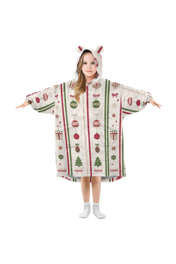 Christmas Theme Pattern Vertical Stripes Flannel Wearable Blankets Hooded Design Long Sleeves Wrap Unisex for 3T-14Y M