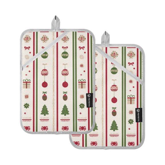 Christmas Theme Pattern Vertical Stripes Potholders Heat Resistant Pot Holder Set of 2 Oven Hot Pads with Pocket