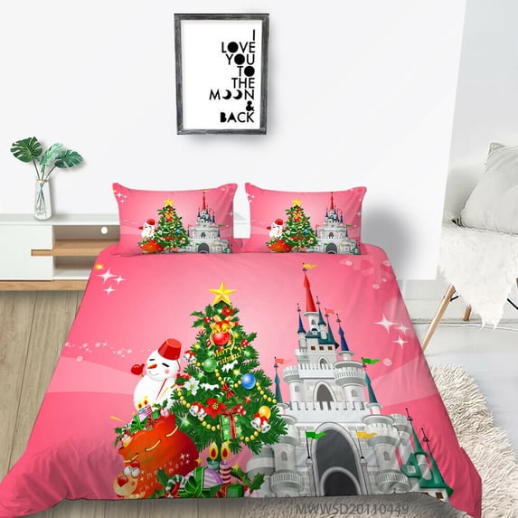 Christmas Theme Pink Bedding Cover Suit Home Textiles Snowman And Castle Painting Newly Fashion,Queen (90"x90")