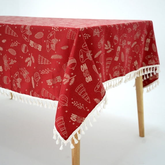 Christmas Theme Rectangle Table Cloth, Merry Christmas Table Cover,Polyester Tablecloth, Wrinkle Free , Easy to Clean for Dining, Parties, Holiday Decor, Vintage Style, Red, 71"×55"