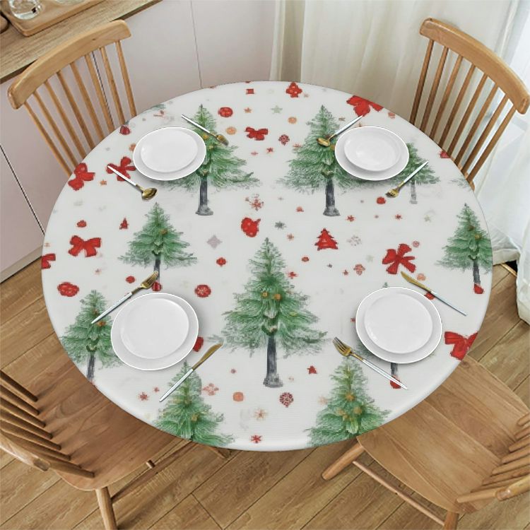 Christmas Theme Round TableCloths, Christmas Tree Snowflakes, Wipeable