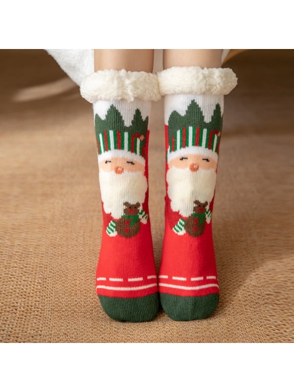 Christmas Theme Socks for Women Coral Fleece Lined Cozy Soft Cabin Socks with Sherpa Cuff, Thick Warm Winter Bedroom Home Floor Sock