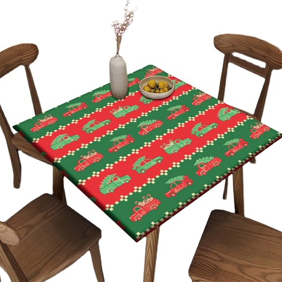 Christmas Theme Square Fitted Tablecloth with Elastic Edge, Christmas Truck Pattern Polyester Washable Home Decor Table Cloth, for Kitchen Dining Tabletop Decoration, 36 x 36 Inch Square Table