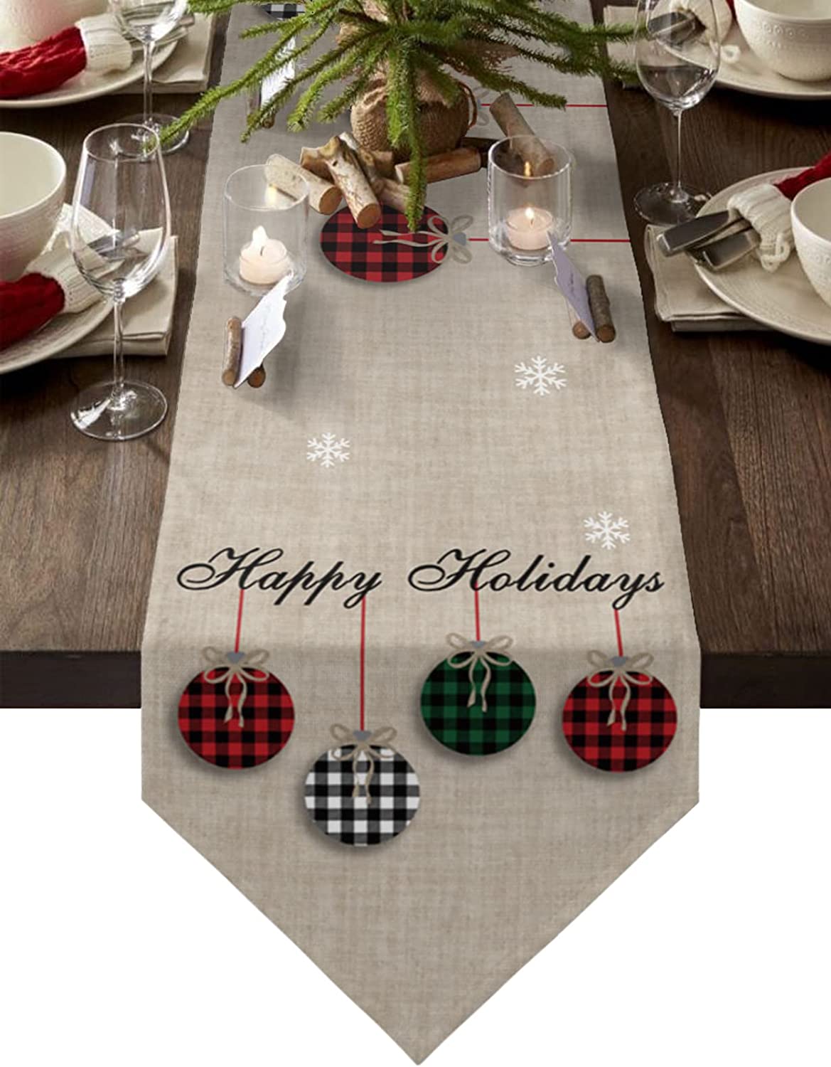 Christmas Theme Table Runners Cotton Linen Farmhouse Rustic Ornaments