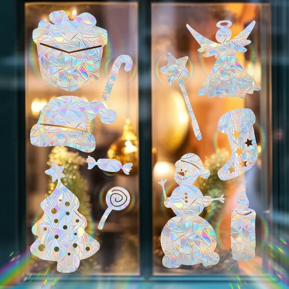 Christmas Theme Window Clings for Glass Windows Decorations, 1 Sheet Iridescent Static Xmas Window Decal Stickers for Christmas Windows Decor