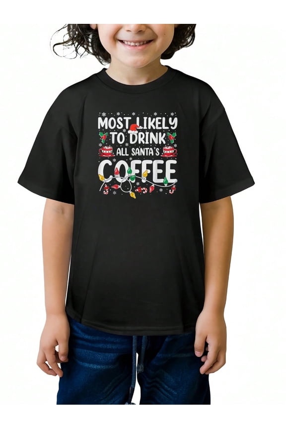 Christmas Themed 1pc Young Boy Casual Minimalist Street Fashion Style Summer Graphic T-shirts for Outdoor Sports and Daily Wear,Summer,Black 3-13Y