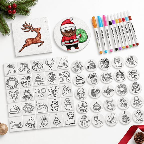 Christmas Themed 3D Foam Texture Art Craft DIY Kit with Paint Pens and Brushes