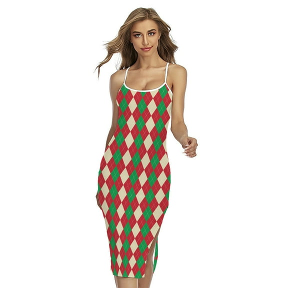 Christmas Themed Argyle Pattern Printed Cross Back Cami Dress, Jesus Christian Fashion Summer Maxi Sexy Casual Dress For Women