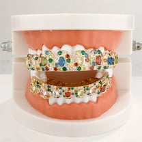 Christmas Themed Copper Grillz for Men & Women, Multi-Color Zirconia Jewelry with Red Green Blue Yellow Gems, Festive Hip Hop Party Dental Accessory