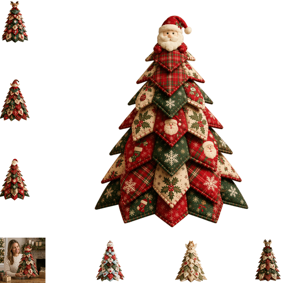 Christmas Themed DIY Tree Patchwork Kit, Indoor Christmas Decorations, DIY Christmas Quilted Fabric Tree Kit, Santa Reindeer Elf Style Fabric Tree Craft Decor for Indoor Household-D