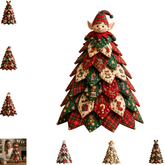 Christmas Themed DIY Tree Patchwork Kit, Indoor Christmas Decorations, DIY Christmas Quilted Fabric Tree Kit, Santa Reindeer Elf Style Fabric Tree Craft Decor for Indoor Household-B