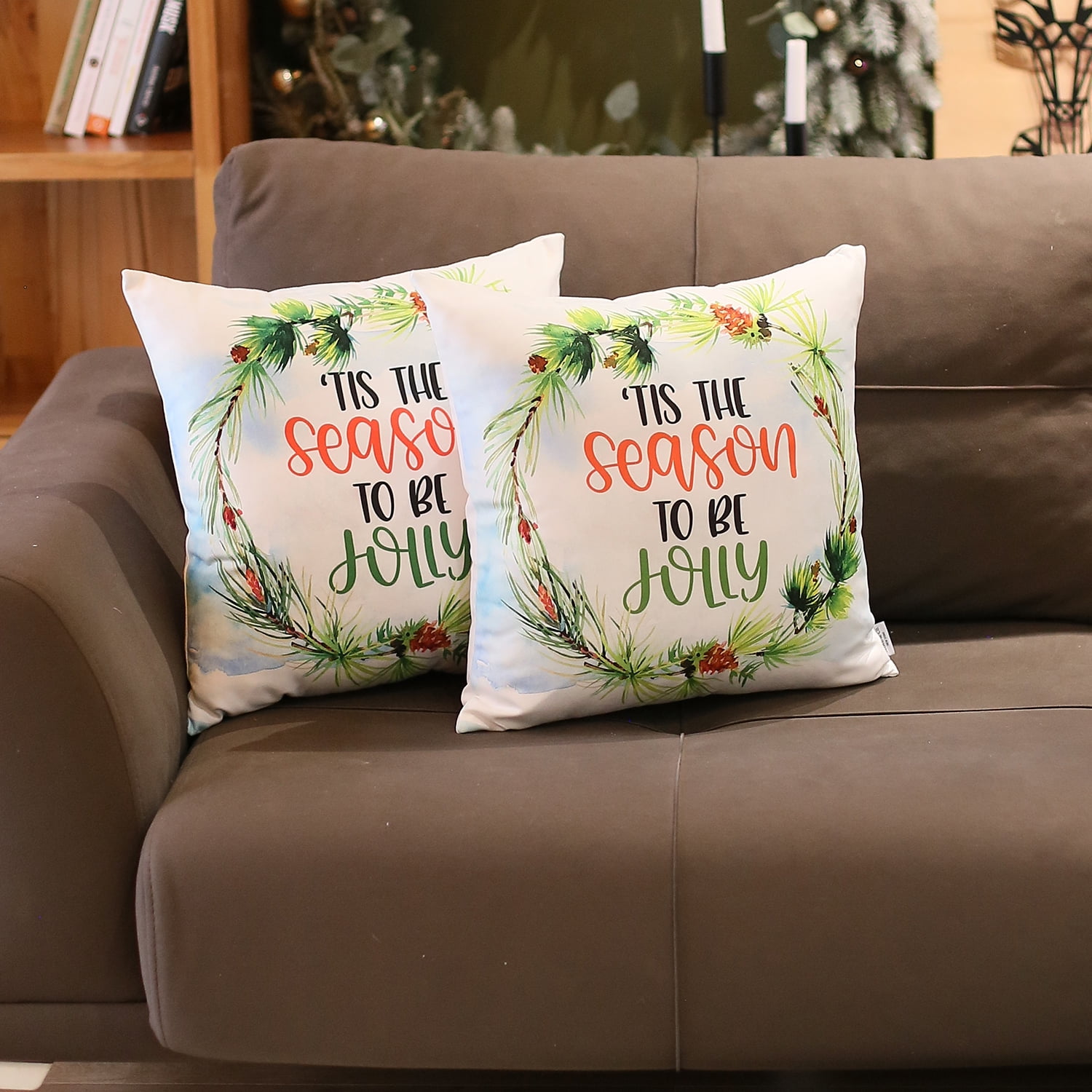 Christmas Themed White and Green Square Throw Pillow Set
