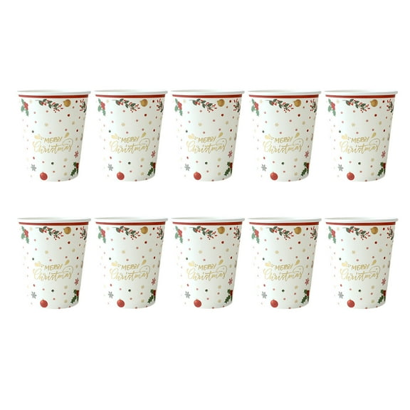 Christmas Themed Disposable Paper Cups, 10-Pack With Gold Stamped Snowflake Design, For Parties & Family Gatherings, 9Oz Capacity