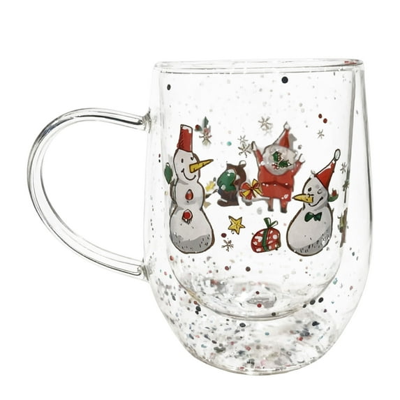 Christmas Themed Double Walled Glass Water Cup with Handle Coffee Mug 300ml Drinkware for Festives Hot Beverages,White3
