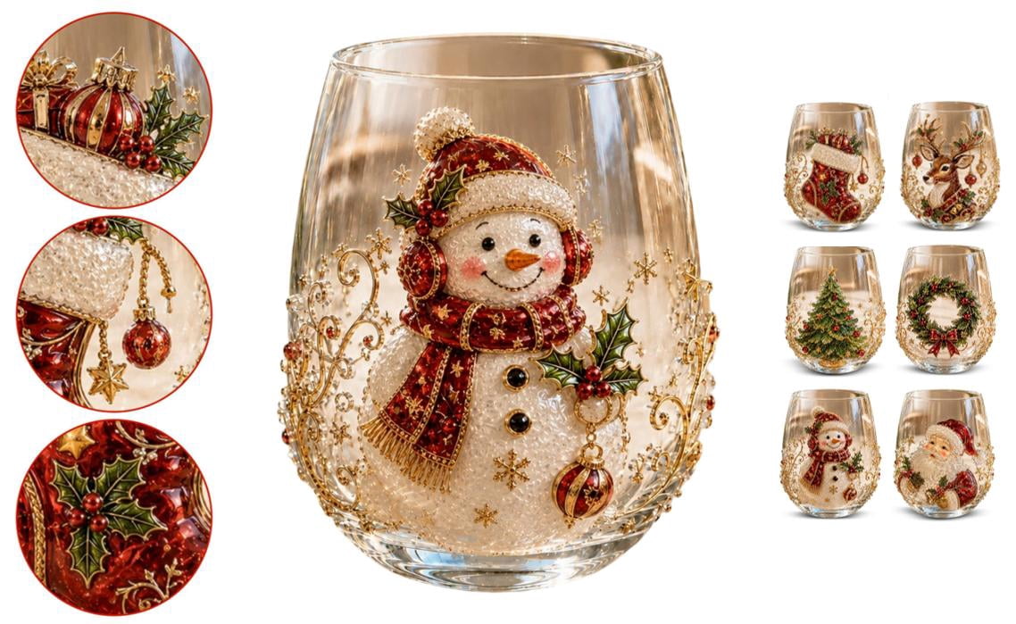 Magical Christmas 3D Glass Cup Shimmering Pearl Accents Santa Face