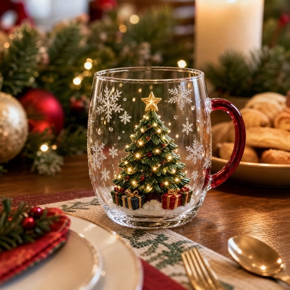 Christmas Themed Glass Mug with Handle, Christmas Motif Glass Coffee Cup, Santa Reindeer Christmas Tree Snowman Embossed Holiday Drinking Glass, Thickened Clear Glass Festive Winter Beverage Mug