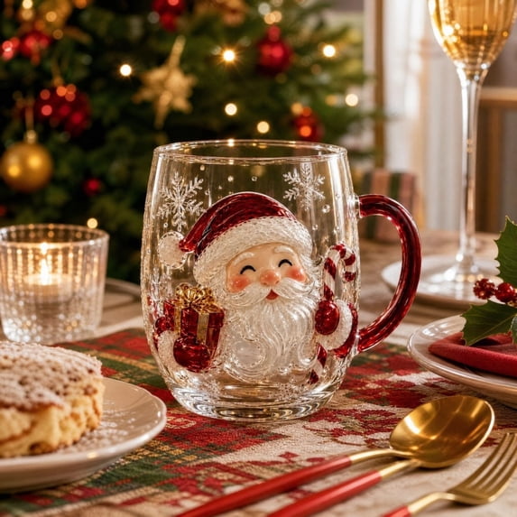Christmas Themed Glass Mug with Handle, Christmas Motif Glass Coffee Cup, Santa Reindeer Christmas Tree Snowman Embossed Holiday Drinking Glass, Thickened Clear Glass Festive Winter Beverage Mug