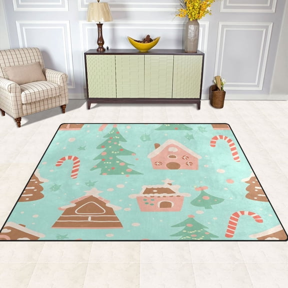 Christmas Themed House 63''x48'' Plush Memory Foam Bath Mat, Soft, Absorbent, Non Slip, Durable