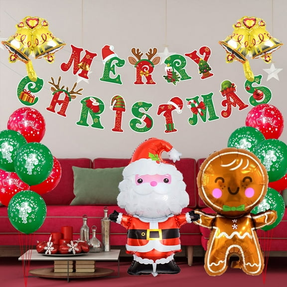 Christmas Themed Indoor Outdoor balloon Decoration Package, Cute Gingerbread Man Santa Claus Aluminum Foil Balloon, Xmas Party Scene Layout Props