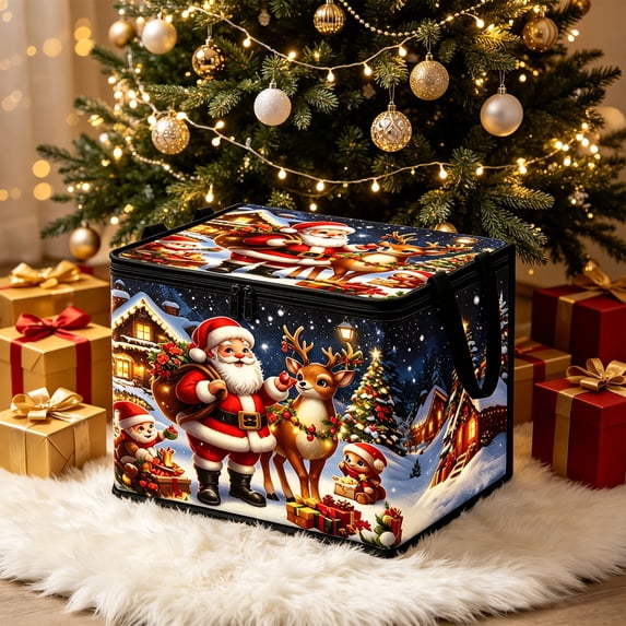 Christmas Themed Large Capacity Foldable Storage Box With Lid And Handles For Holiday Decorations Clothes Toys