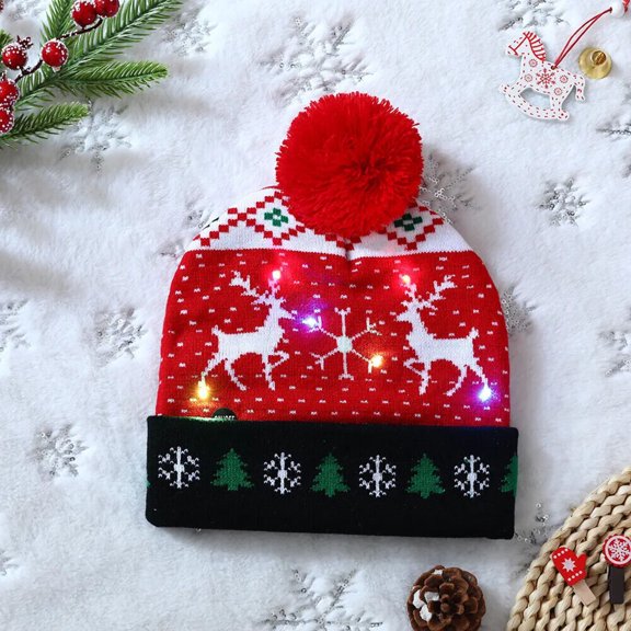 Christmas Themed Light Up Beanie with LED Lights Xmas Gift for Kids Adult