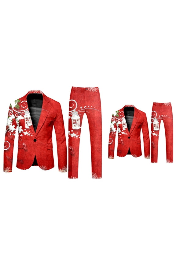 Christmas Themed Long Sleeve Suit Set for Men, Party with Matching Blazer Jacket, Pants & Tie, Slim Fit