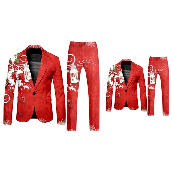Christmas Themed Long Sleeve Suit Set for Men, Party with Matching Blazer Jacket, Pants & Tie, Slim Fit
