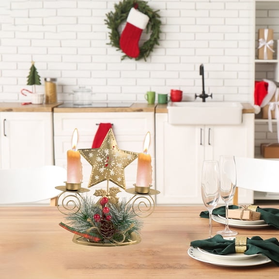 Christmas Themed Ornaments，Christmas Golden Iron Double Candlestick Window Desktop Decoration Christmas Holiday Decoration for Christmas Party Valentines Gift for Lovers