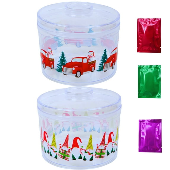 Christmas-Themed Plastic Containers with Lids, 12.5-oz Clear Printed (Set of 2-Design Varies) Santa Gingerbread Men Holiday Trucks Garden Gnomes Food Safe Container w/ Bonus Snoep in Beperkte Oplage