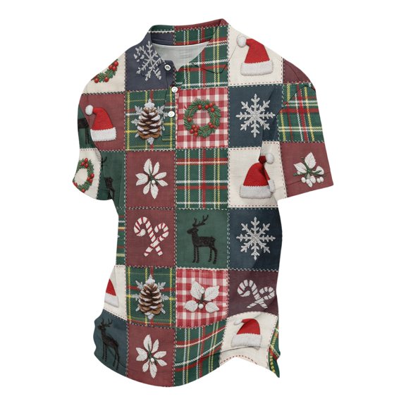 Christmas Themed Print Polo Shirt for Men, Trendy Short Sleeve Button Down Top, Lightweight Breathable Casual Holiday Streetwear Top Pink M