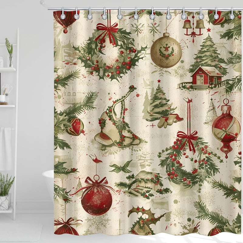 Christmas Themed Shower Curtain, Christmas Tree Print Shower Curtain