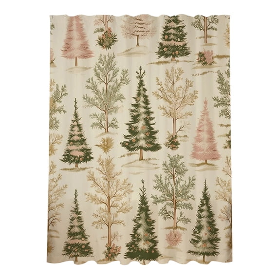 Christmas Themed Shower Curtain, Waterproof Bathroom Partition Curtain, Red & Silver Christmas Balls, Snowflakes, Snowmen, and Trees, Festive Holiday Décor