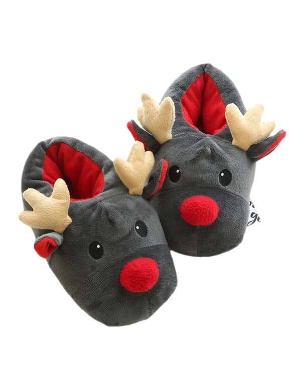 Christmas Themed Slippers for Women and Men, Funny Reindeer Fuzzy Slippers Closed Back, Ultra Soft Warm Winter Cotton House Shoes