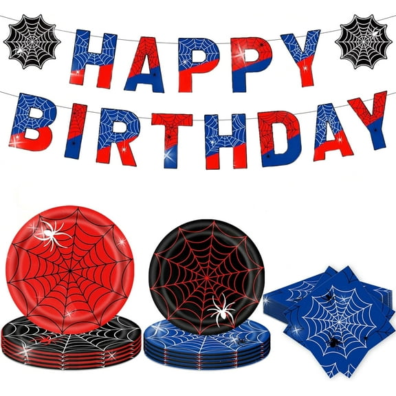 Spider Web Themed Birthday Party Decoration and Tableware Set - Includes Banner, Paper Plates, Napkins, Red, Blue and Black Color Scheme