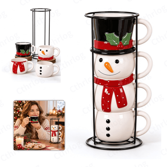 Christmas Themed Stacking Snowman Ceramic Mugs, Stackable Cup Set with Metal Rack, Adorable Christmas Decorations Indoor, Unique Christmas Gifts, Suitable for Tea, Coffee and Hot Cocoa