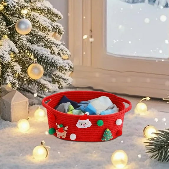 Christmas Themed Storage Basket 5.11x10.23 Inch - Festive Rope Organizer with Holiday Motifs for Home Decor, Seasonal Item Storage, and Christmas Decoration Organization(Red)